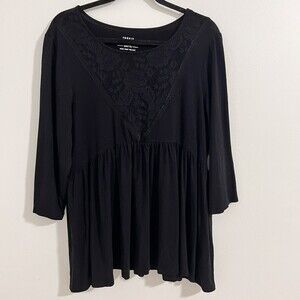 Torrid Black Babydoll Top Lagenlook Size 1X Super Soft Knit Embroidery Slouchy